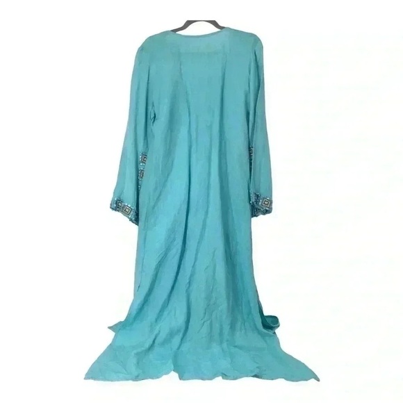VINTAGE LINEN KAFTAN COVER UP WOMENS ML EMBELLISHED STONE LONG MAXI BOHO RESORT - Picture 15 of 16